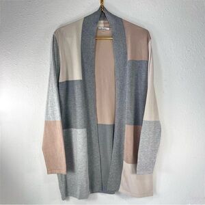 Vila Milano Open Front Colorblock Cardigan Sweater Size M Gray, Beige, Tan